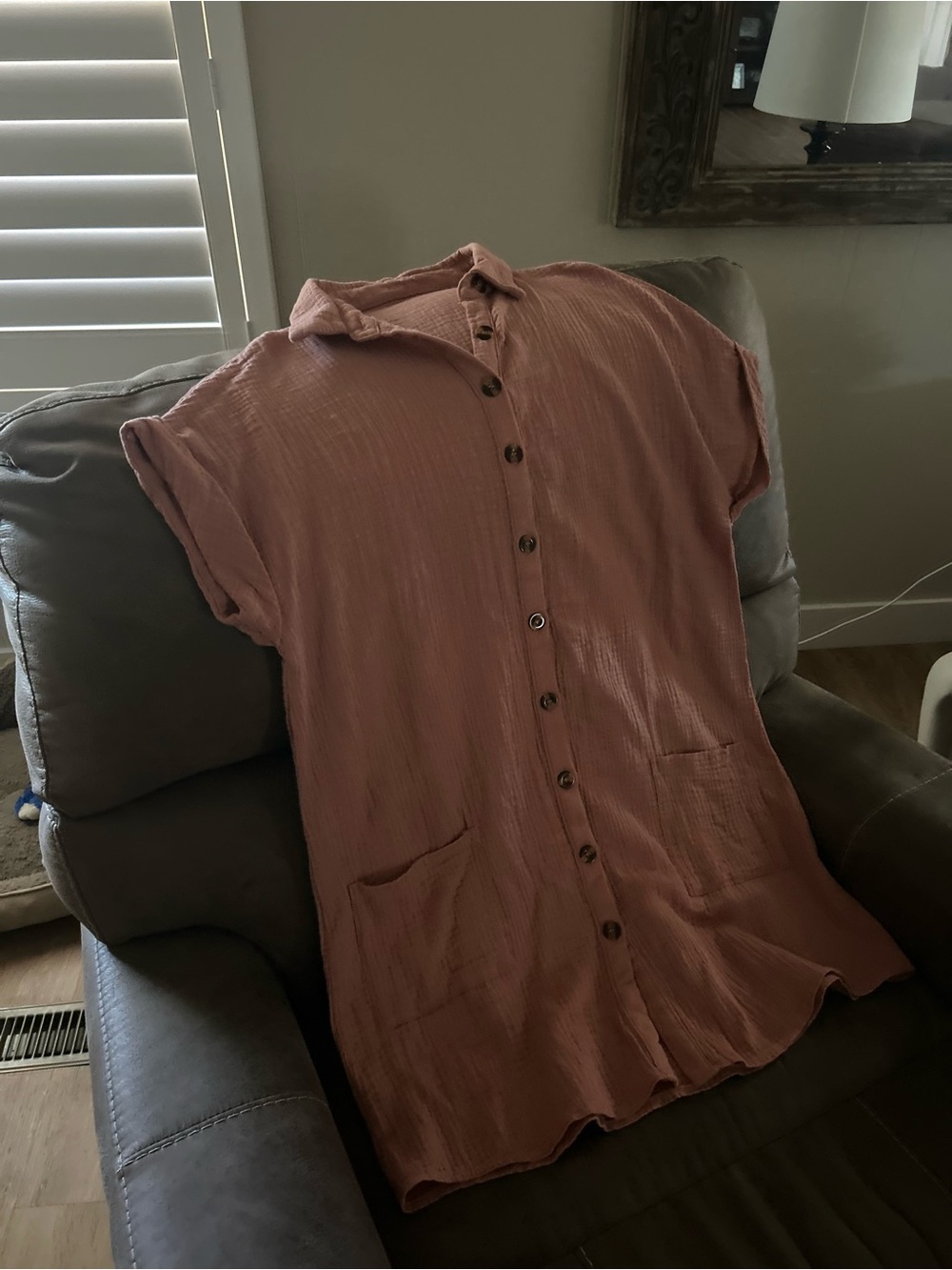 Lightweight Button-Front Shirt Dress in Dusty Rose